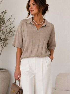 LILLUSORY Taupe Viscose Collared Top. NWT